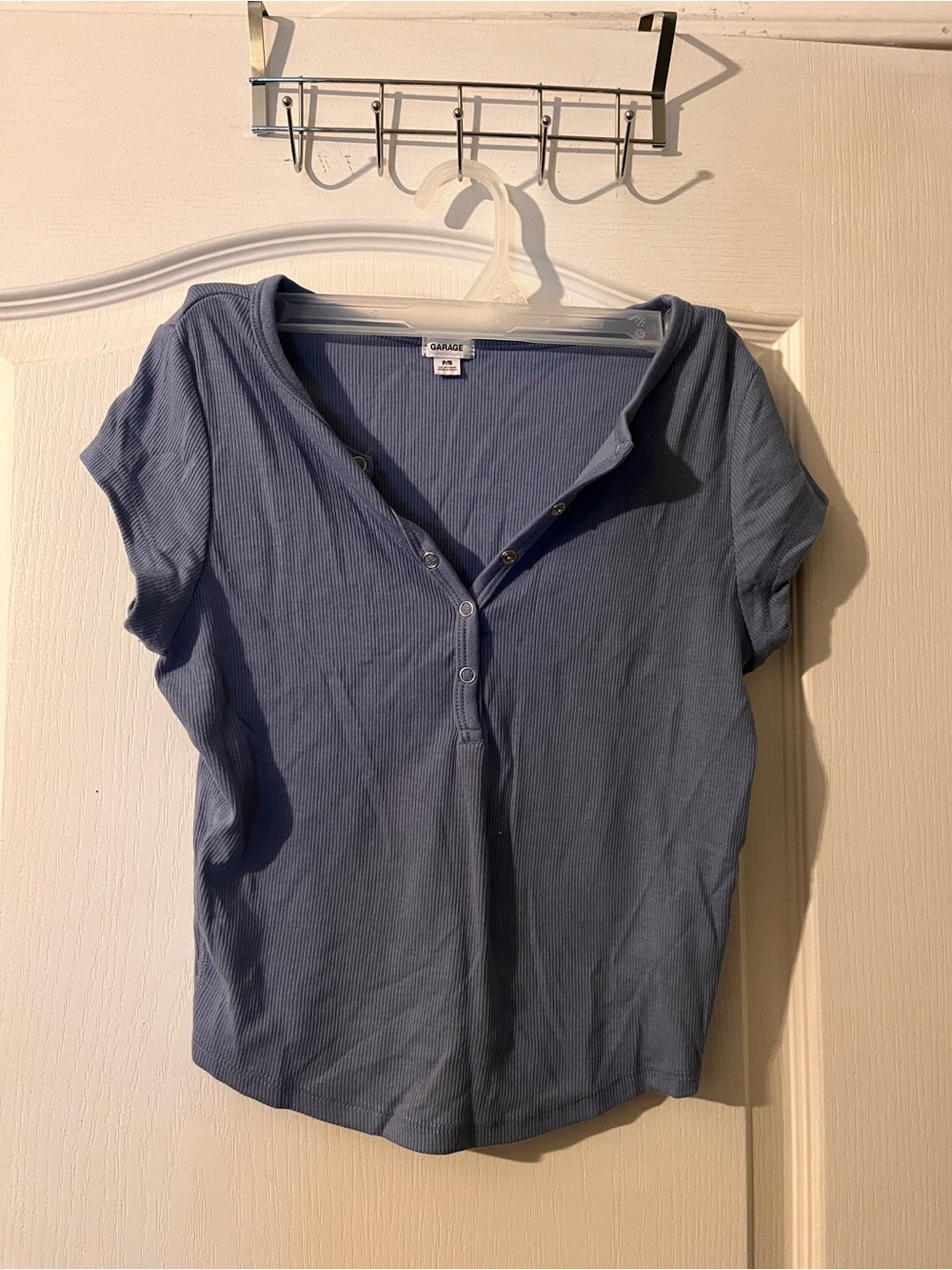 Garage Light Blue Ribbed Button Down Short Sleeve Top